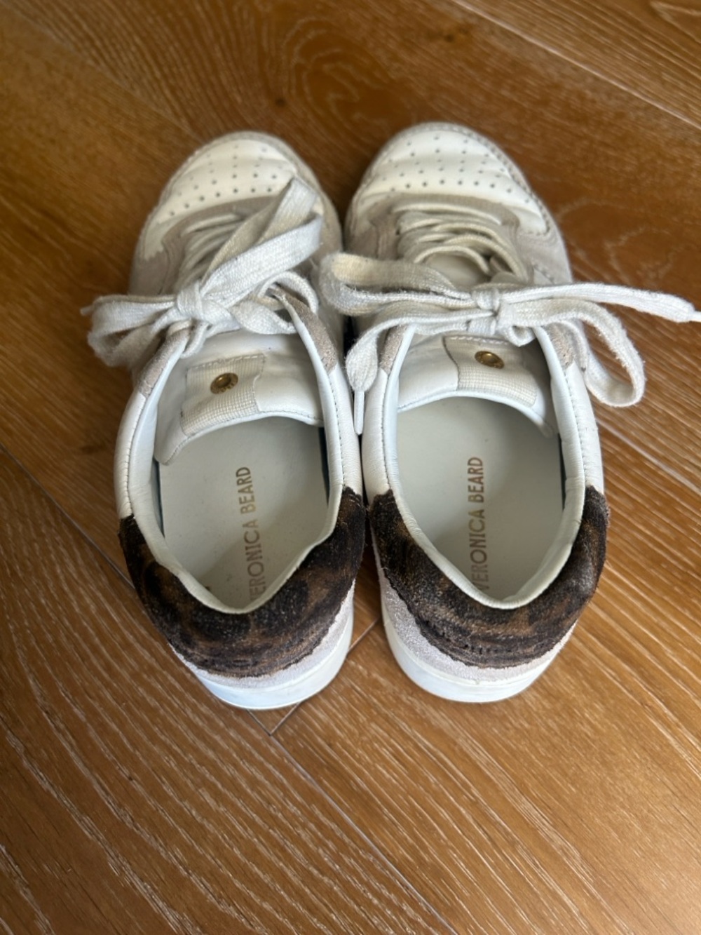 Veronica Beard Lennox White Leather and Taupe Suede-Trim Sneakers -Leopard Print - Picture 4 of 11